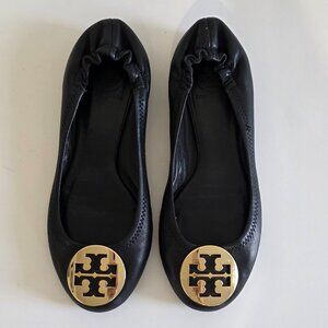 Tory Burch Reva Ballet Flats – Black Napa Leather with Gold-Tone Logo (Pre-Loved